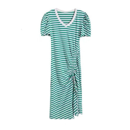 Women Fashion Casual Stripe Printing V-Neck Short Sleeve Drawstring Slit Dress