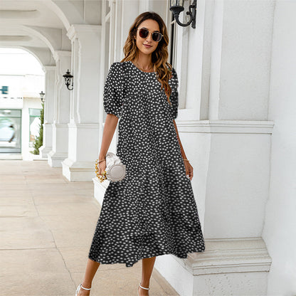 Summer Women Casual Bohemian Short Sleeves Polka Dot Print Loose Ruffle Dress