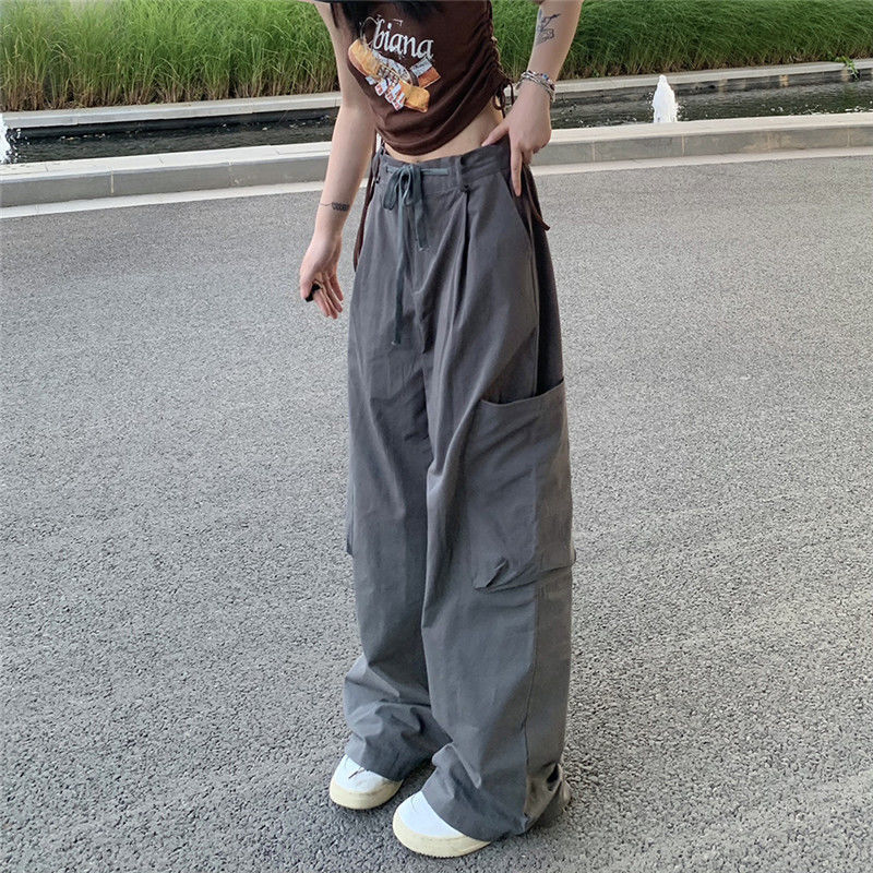 Women Casual Solid Color Large Pocket Loose Cargo Pants