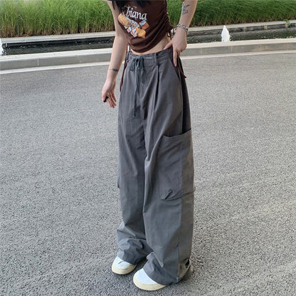 Women Casual Solid Color Large Pocket Loose Cargo Pants