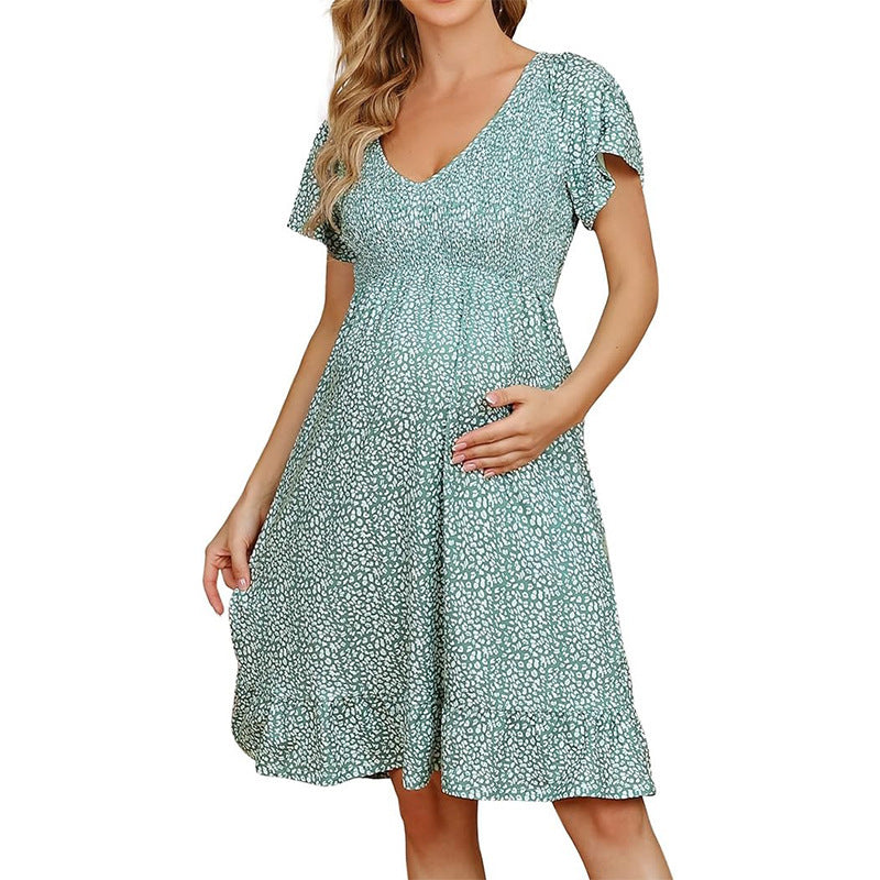 Pregnant Women Casual Floral Printed V-Neck Short-Sleeve Loose Dress