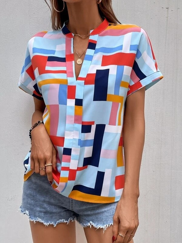 Blusas casuales de manga corta con cuello en V y estampado a cuadros para mujer