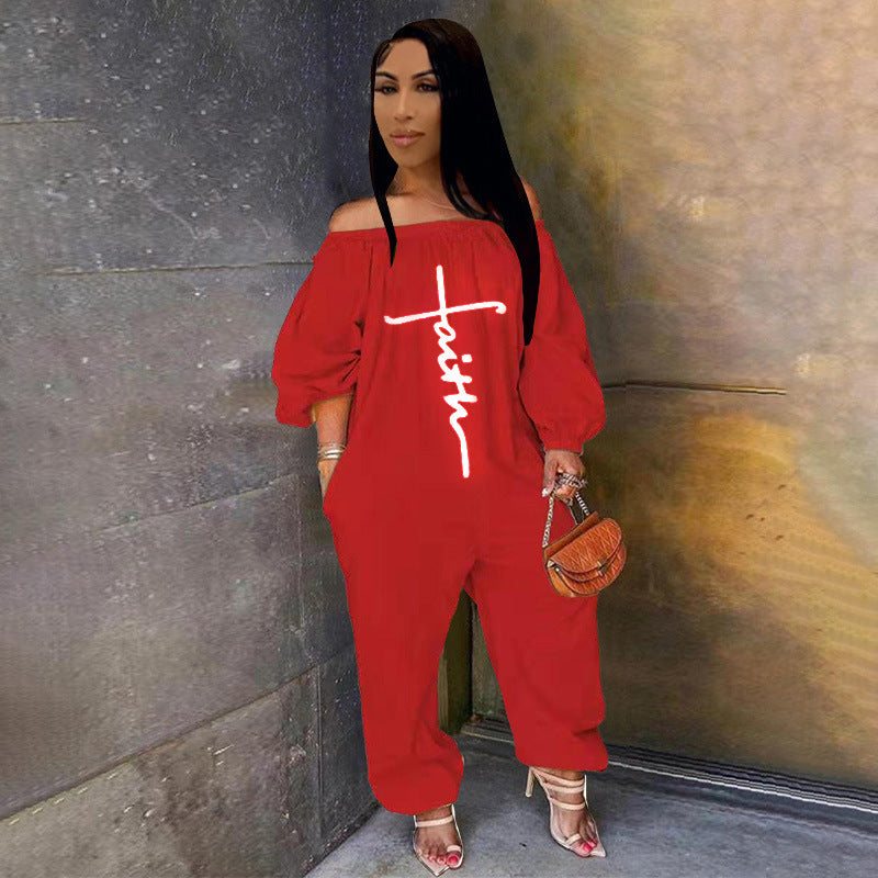 Women'S Fashion Casual Embroidered Off Shoulder Loose Jumpsuit