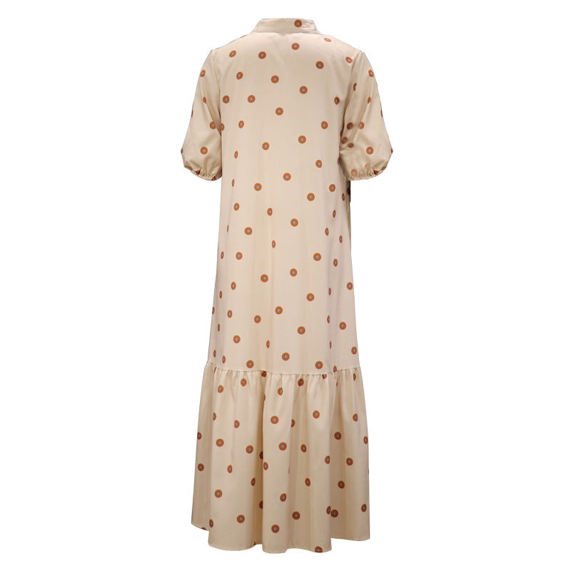 Vestido holgado con volantes y mangas cortas abullonadas con estampado informal a la moda para mujer