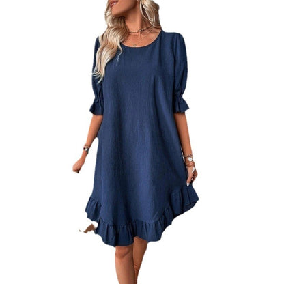 Summer Women Fashion Casual Solid Color Cotton Linen Round Neck Short Sleeve Dress
