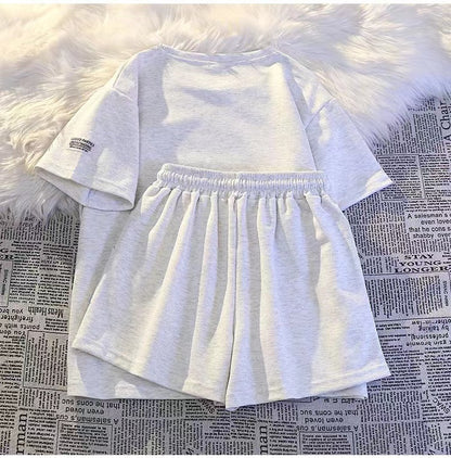 Women Fashion Casual Solid Color Round Neck Short Sleeve Top Shorts Sports Set