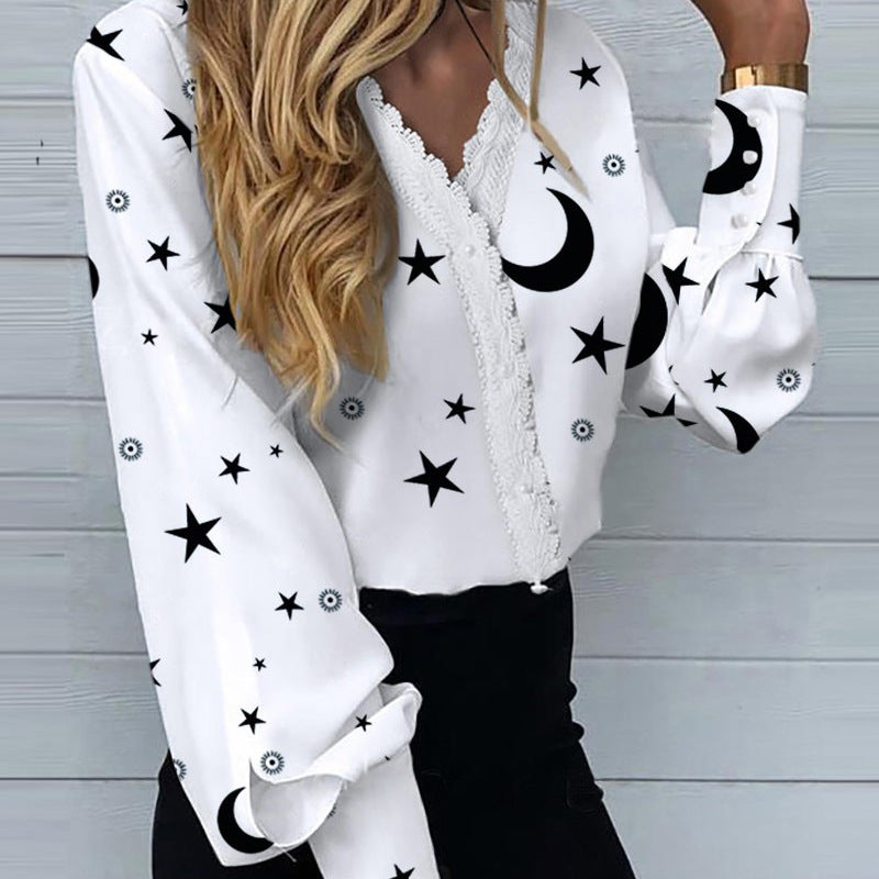 Camisa informal de encaje con cuello en V y estampado floral para mujer