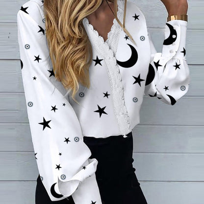 Camisa informal de encaje con cuello en V y estampado floral para mujer