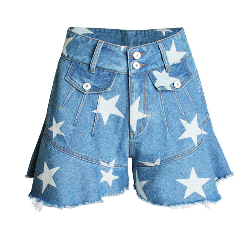 Pantalones cortos vaqueros de pierna ancha con volantes y estampado de estrellas para mujer
