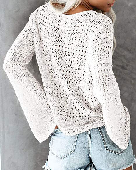 Women Casual Fashio V Neck Flare Long Sleeve Drawstring Knitted Sweater