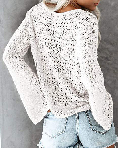 Women Casual Fashio V Neck Flare Long Sleeve Drawstring Knitted Sweater