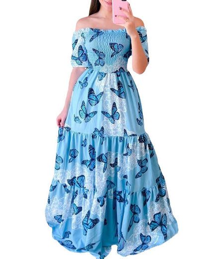 Summer Vacation Women Rainbow Color Floral Butterfly Large Swing Off Shoulder Casual Maxi Dress