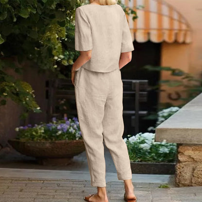Conjunto de pantalones casuales de algodón y lino de color sólido para mujer