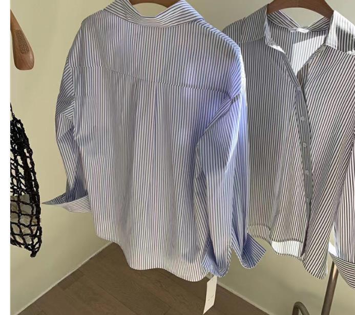 Blusa informal de manga larga con solapa y rayas irregulares para mujer