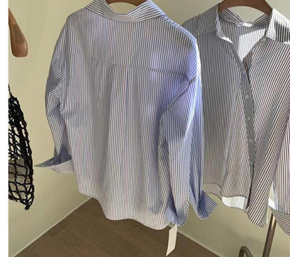 Blusa informal de manga larga con solapa y rayas irregulares para mujer