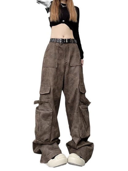 Casual Street Women Vintage Suede Biker Straight Leg Pocket Cargo Pants