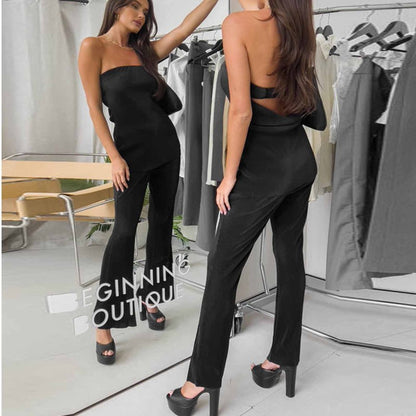 Conjunto de dos piezas formado por top de tubo y pantalón recto, color liso, sexy, sin espalda, para mujer