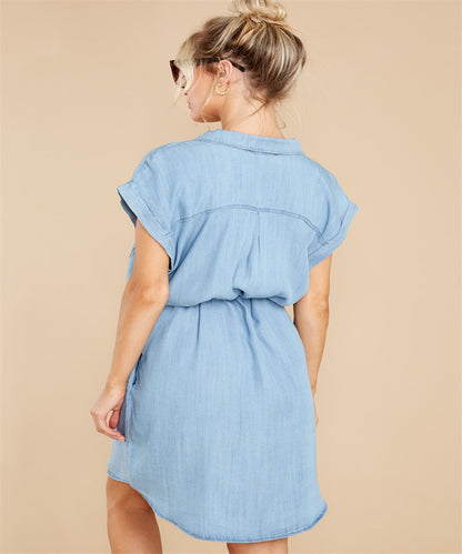 Women Fashion Casual Solid Color Defined Waist Denim Long Shirt Dress