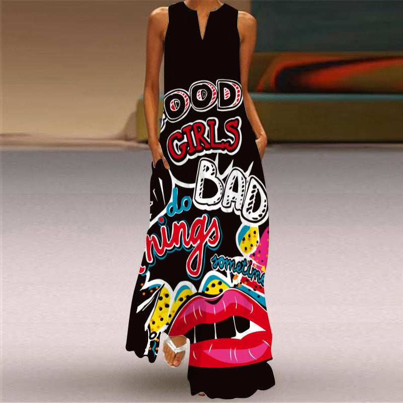 Summer Women Casual Bohemian Sleeveless Maxi V-Neck Vintage Character Print Dress