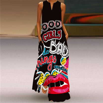 Summer Women Casual Bohemian Sleeveless Maxi V-Neck Vintage Character Print Dress