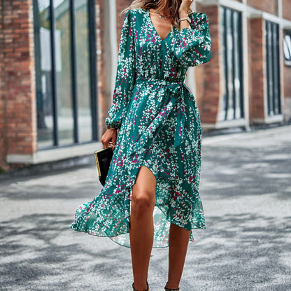 Fashion Women Boho Style Casual Sweet Floral Print Long Sleeve V Neck Chiffon Midi Dress