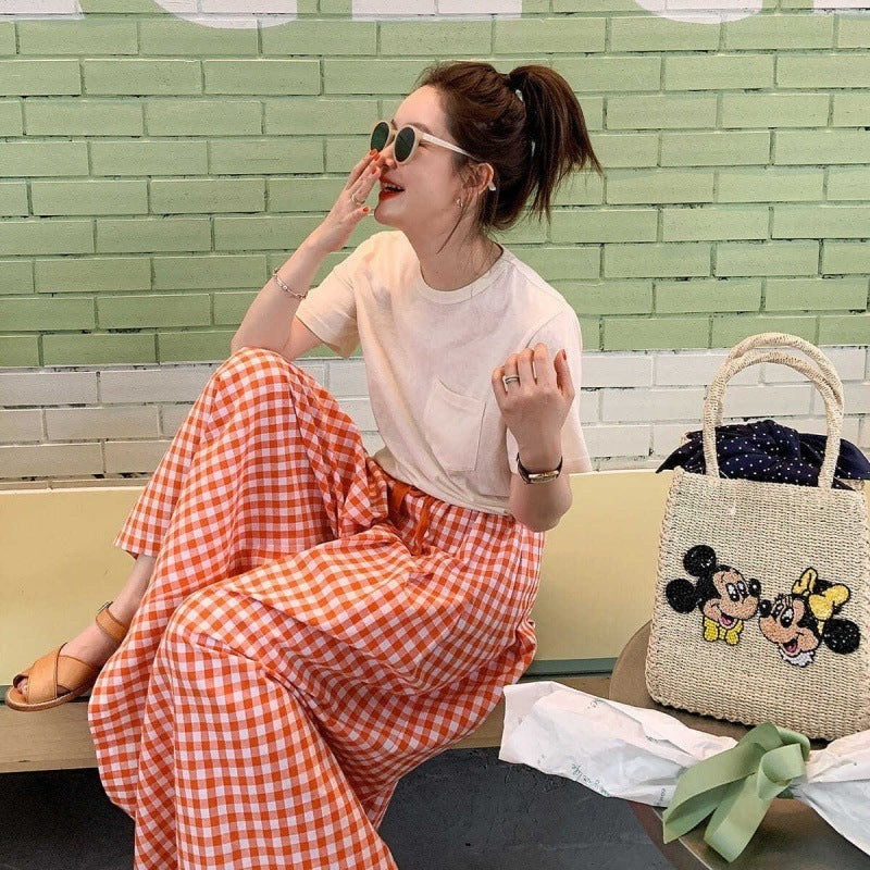 Pantalones casuales holgados de cintura alta elásticos con estampado de cuadros sencillos de verano para mujer