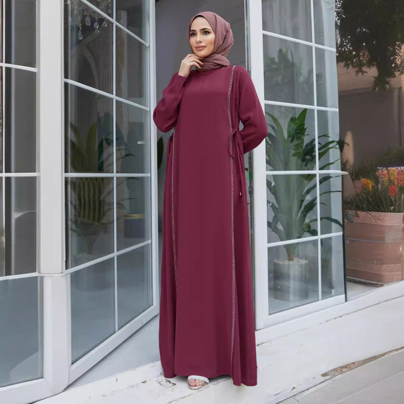Women Casual Solid Color Rhinestone Abaya Long Sleeve Maxi Dress