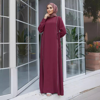 Women Casual Solid Color Rhinestone Abaya Long Sleeve Maxi Dress