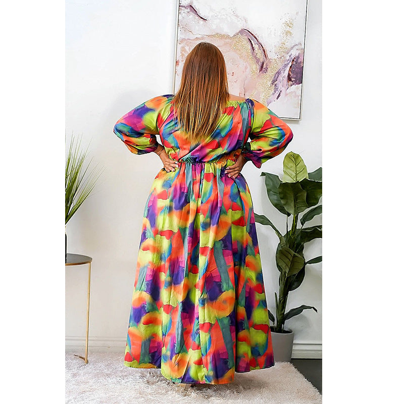 Women Fashion Casual Tie-Dye Printing Long Sleeve Large Size Dress