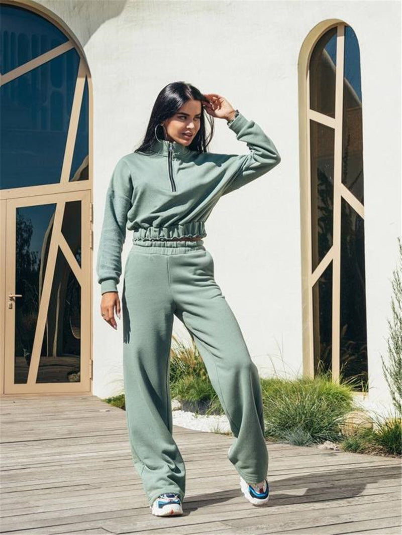 Autumn And Winter Athleisure Women Fashion Sports Casual Zipper Sweatshirt Pants Two-Piece Set