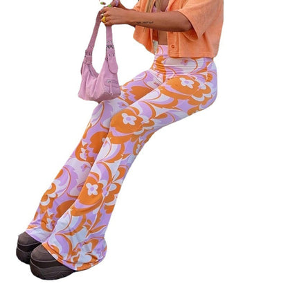 Summer Fashion Printing High Waist Slim Fit Women Casual Bootcut Pants