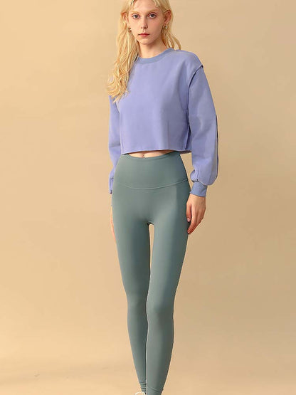 Sudadera corta informal de manga larga con cuello redondo y color liso para mujer de otoño e invierno