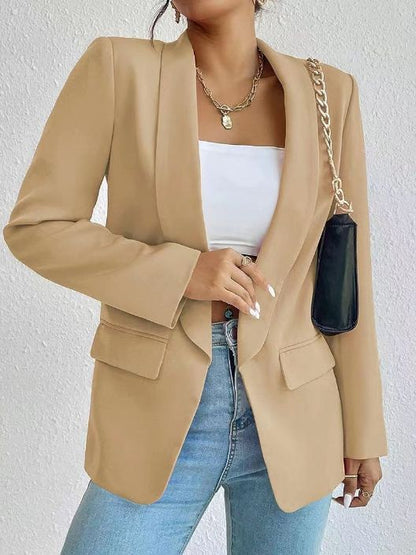Chaqueta blazer informal de manga larga con solapa de color liso para mujer