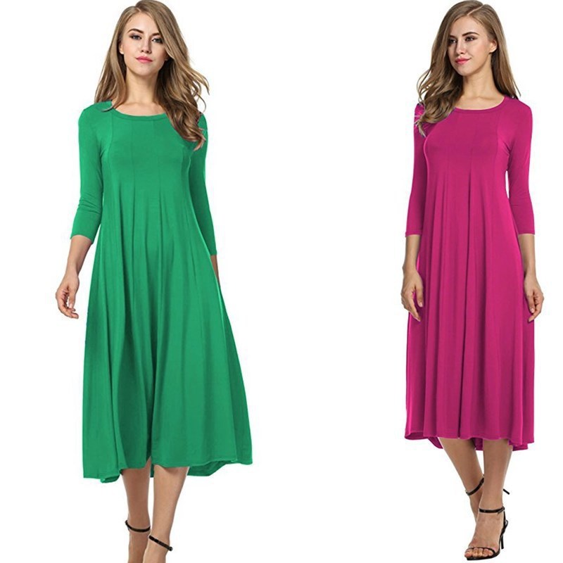 Women Fashion Casual Solid Color Pleated Dress