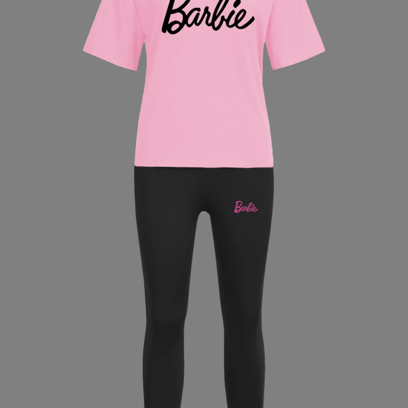 Conjunto de dos piezas de camiseta y pantalón de manga corta con cuello redondo y estampado de letras para mujer