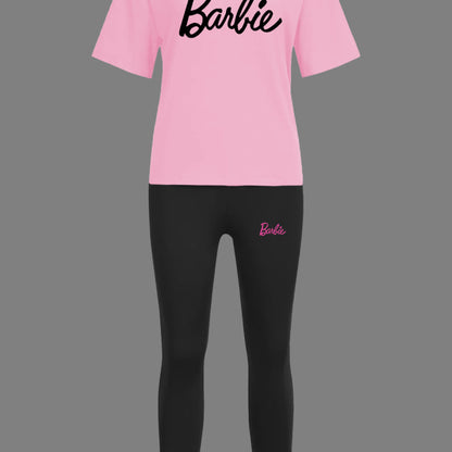 Conjunto de dos piezas de camiseta y pantalón de manga corta con cuello redondo y estampado de letras para mujer