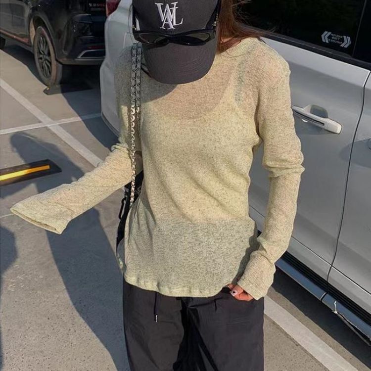 Women Fashion Casual Solid Color Round Neck Long Sleeve Top