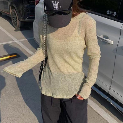 Women Fashion Casual Solid Color Round Neck Long Sleeve Top