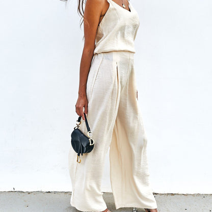 Conjunto informal de dos piezas para mujer: top con tirantes de color liso y pantalones anchos