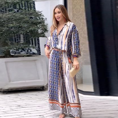Women Office Casual Grapgic Print Lapel Long Sleeve Shirt Blouse Straight Trousers Set
