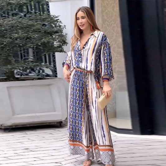 Conjunto de blusa y pantalones rectos con solapa y estampado gráfico informal para mujer para oficina