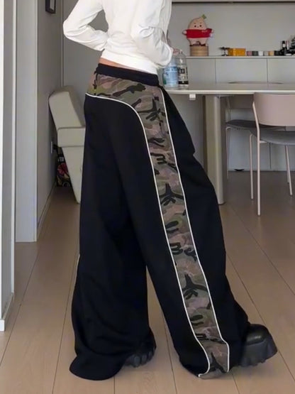 Women Fashion Casual Camouflage Stitching Drawstring Loose Pants