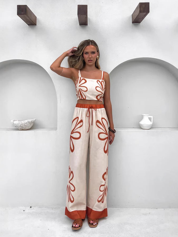 Conjunto de dos piezas de camisola informal con estampado floral y pantalones de pierna ancha para mujer