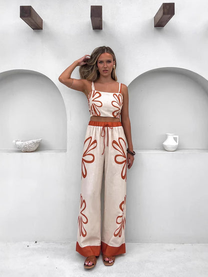 Conjunto de dos piezas de camisola informal con estampado floral y pantalones de pierna ancha para mujer