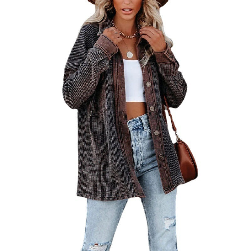 Women Casual Office Long Sleeve Lapel Single-breasted Pocket Design Rin Knit Shacket
