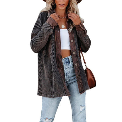 Women Casual Office Long Sleeve Lapel Single-breasted Pocket Design Rin Knit Shacket