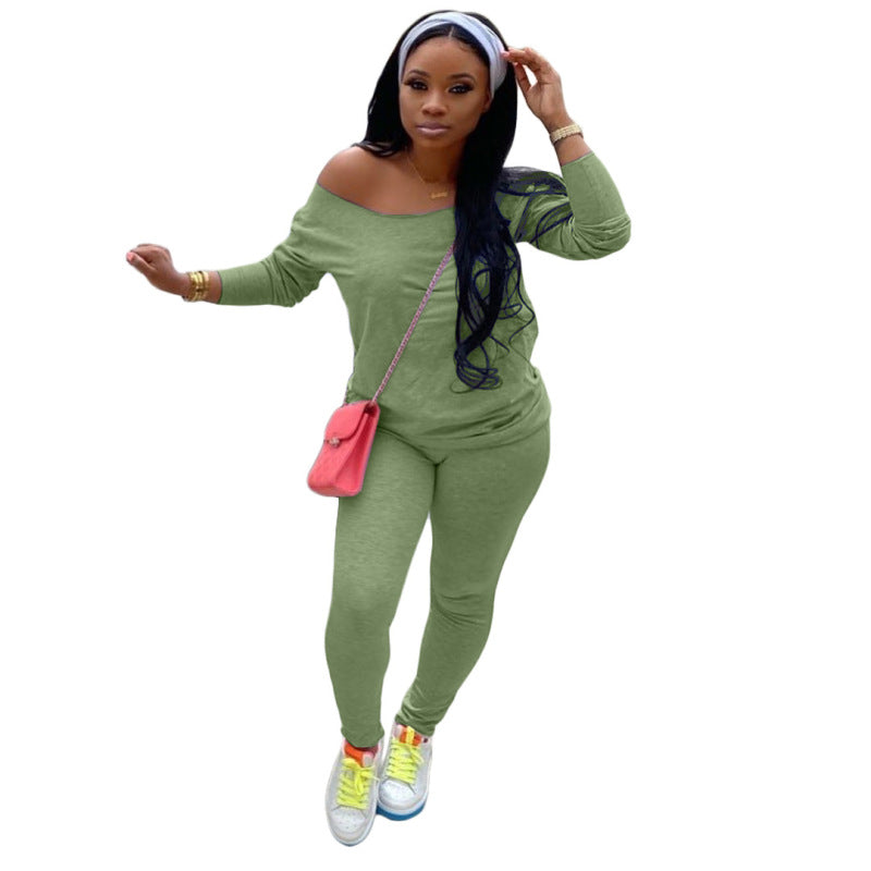 Conjunto deportivo básico de moda para mujer, color liso, manga larga, informal, top y pantalón sin pañuelo