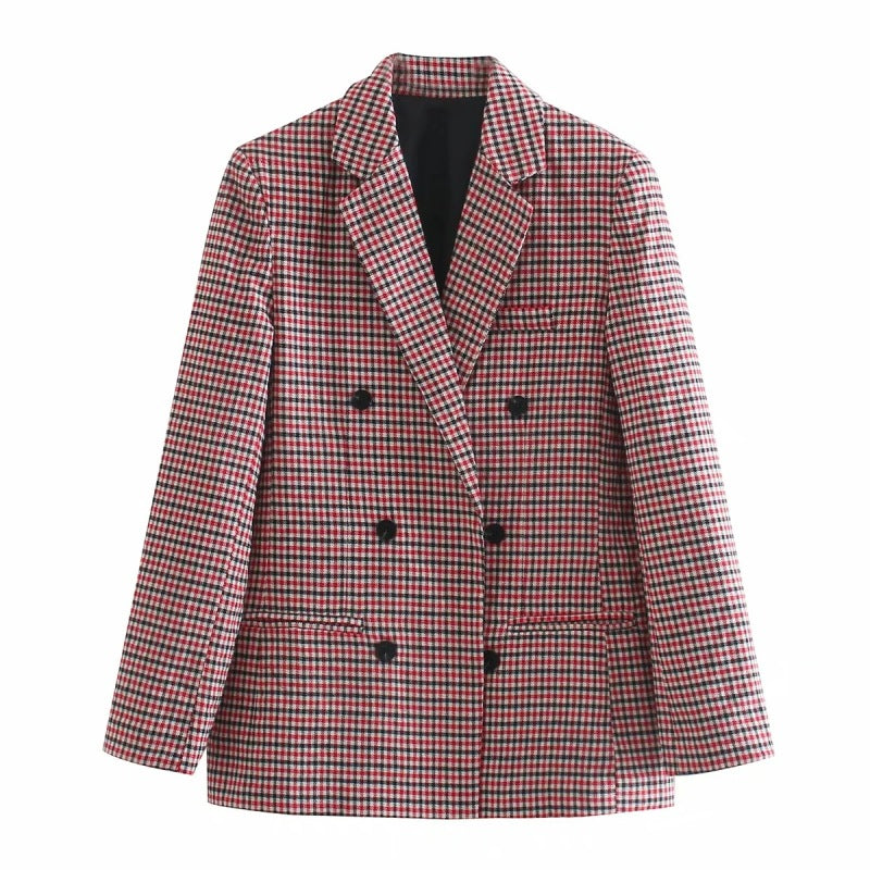 Blazer retro informal de manga larga a cuadros con botonadura sencilla para mujer