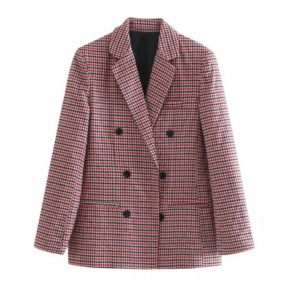 Blazer retro informal de manga larga a cuadros con botonadura sencilla para mujer