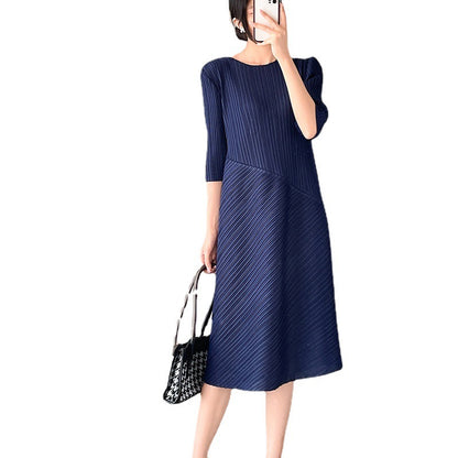 Women Fashion Minimalist Casual Soft Solid Color Round Neck Cropped Sleeve Creased Dress